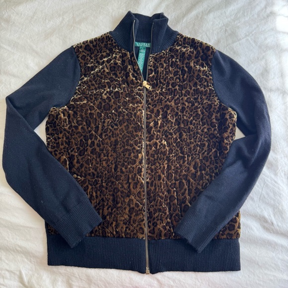 Lauren Ralph Lauren Leopard Print Velvet Zip Up Sweater/Jacket Silk/Wool size L - Picture 1 of 5